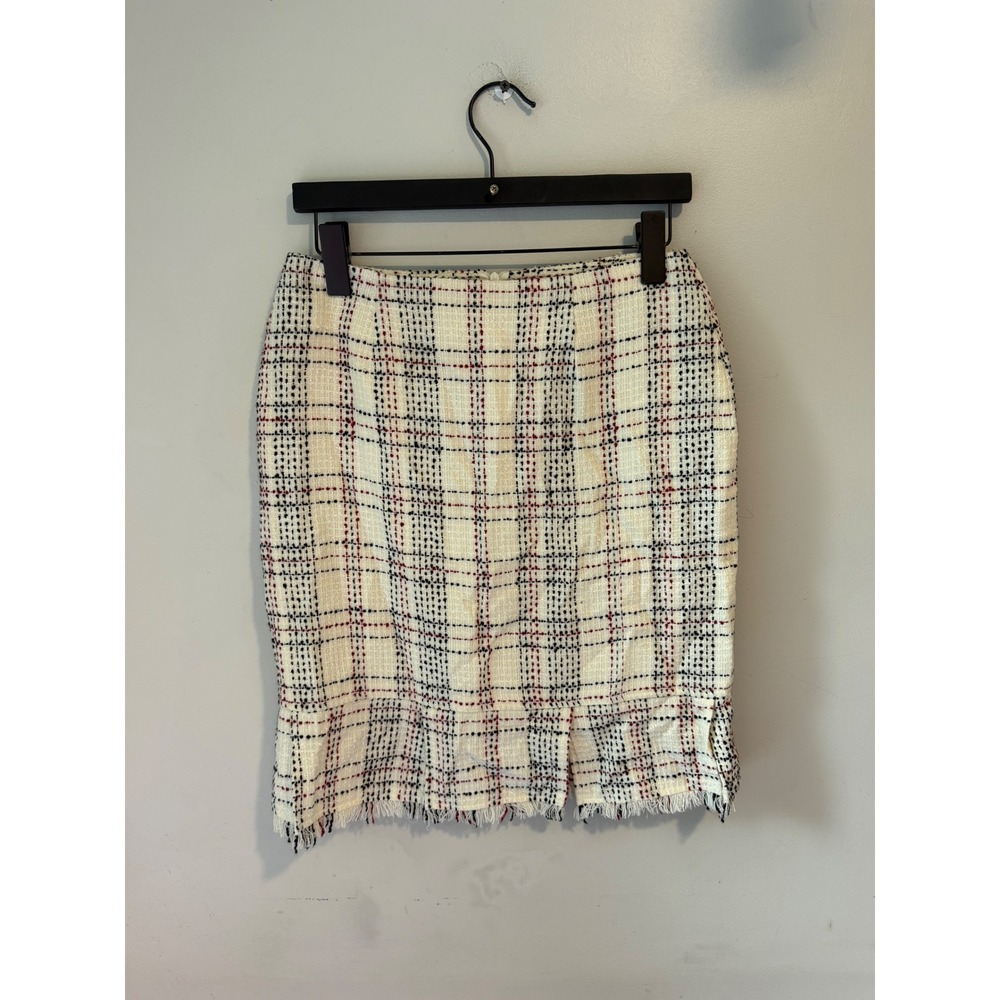 Worthington Womens Plaid Tweed Pencil Skirt Cream Navy‎ Red Frayed Hem Size 4